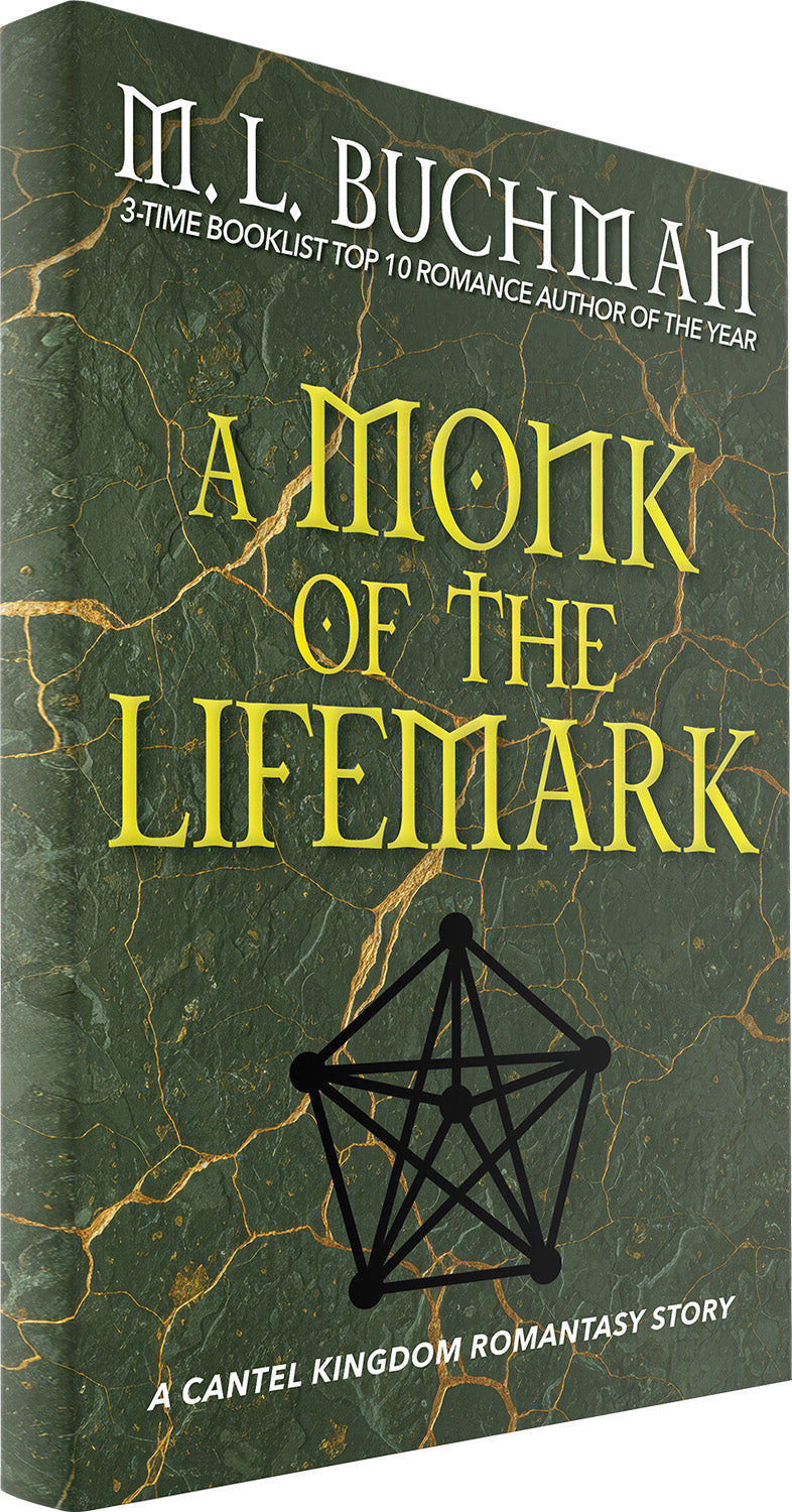 3D image of A Monk of the Lifemark cover with a pentagon with connected points against a marble background