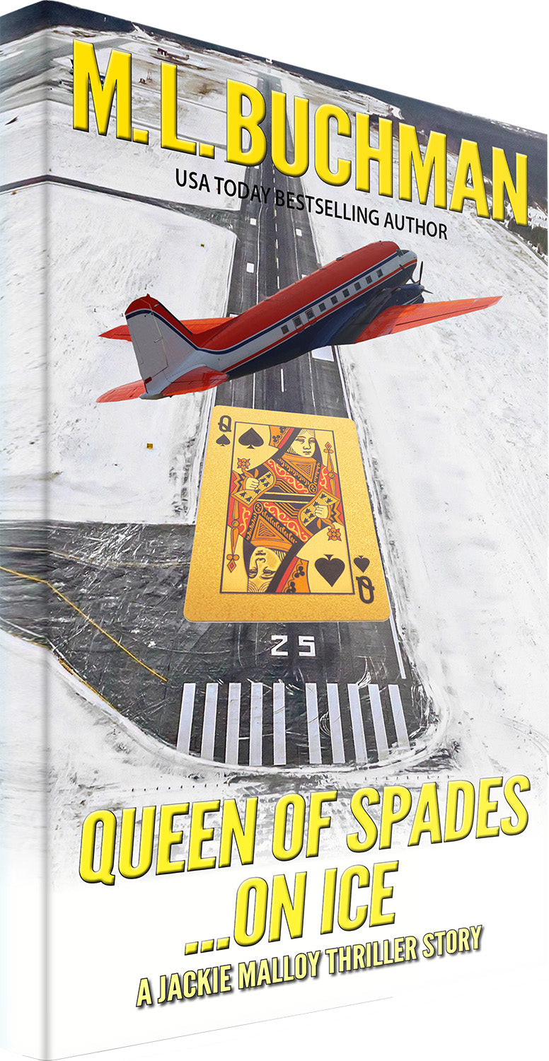 3D cover of Queen of Spades...on Ice by M. L. Buchman. A DC-3 place flying over an icy airport, with a queen of spades playing card covering the runway.
