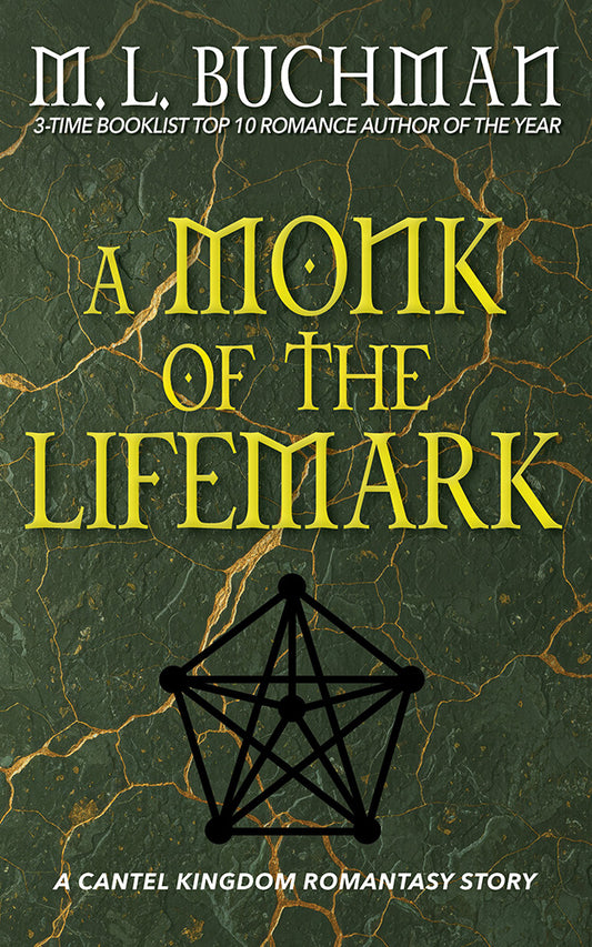 A Monk of the Lifemark cover with a pentagon with connected points against a marble background