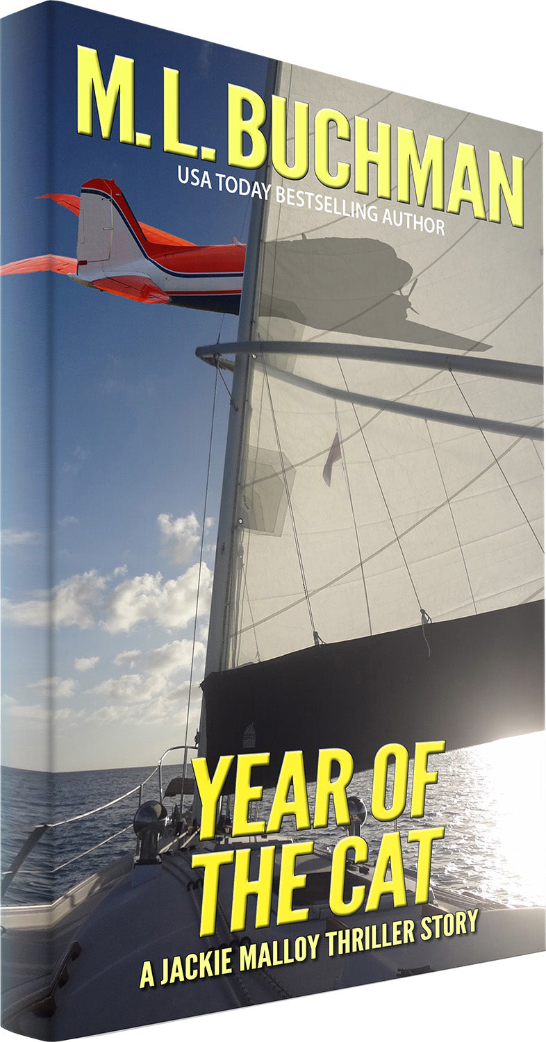 Book cover of 'Year of the Cat' by M.L. Buchman with a sailboat on the water.