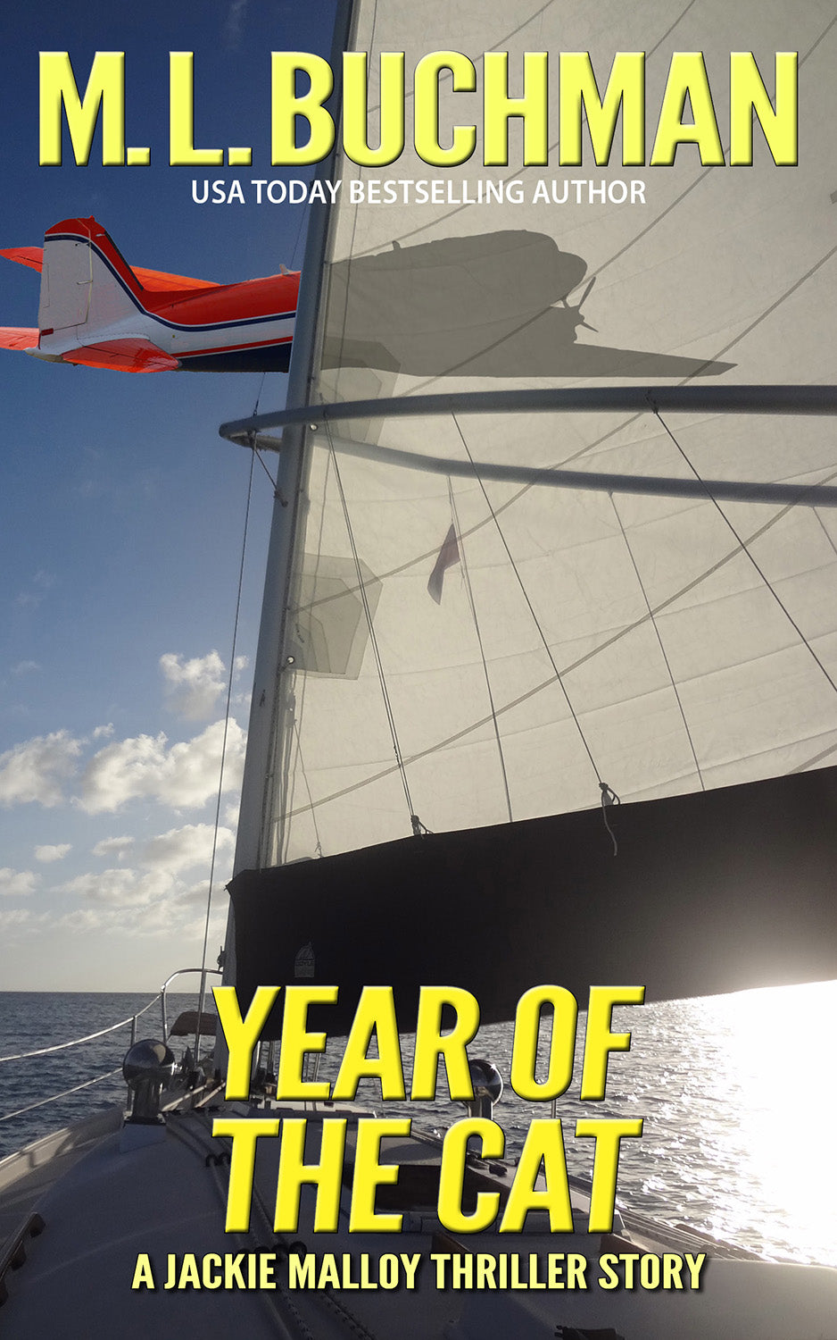 Book cover of 'Year of the Cat' by M.L. Buchman with a sailboat and airplane on a blue sky background.