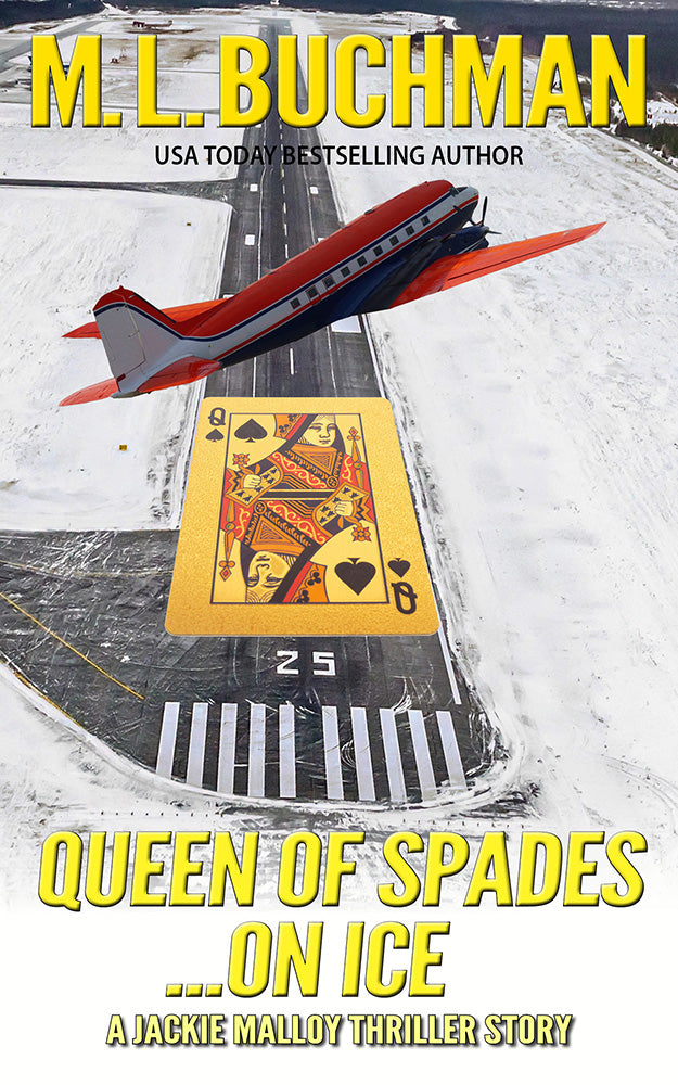 3D cover of Queen of Spades...on Ice by M. L. Buchman. A DC-3 place flying over an icy airport, with a queen of spades playing card covering the runway.