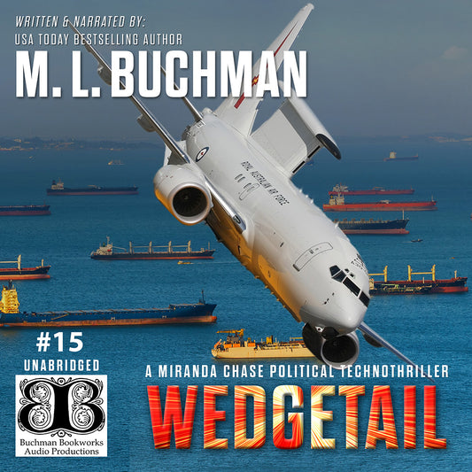 Audiobook cover of Miranda Chase's Wedgetail by M. L. Buchman showing a Wedgetail jet flying low over a busy shipping channel