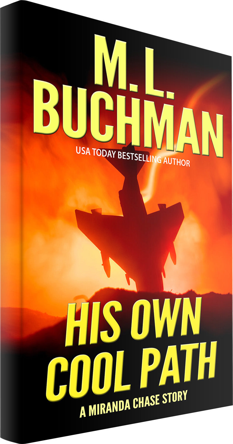 Book cover of 'His Own Cool Path' by M.L. Buchman with a crashing jet silhouette against a fiery background.