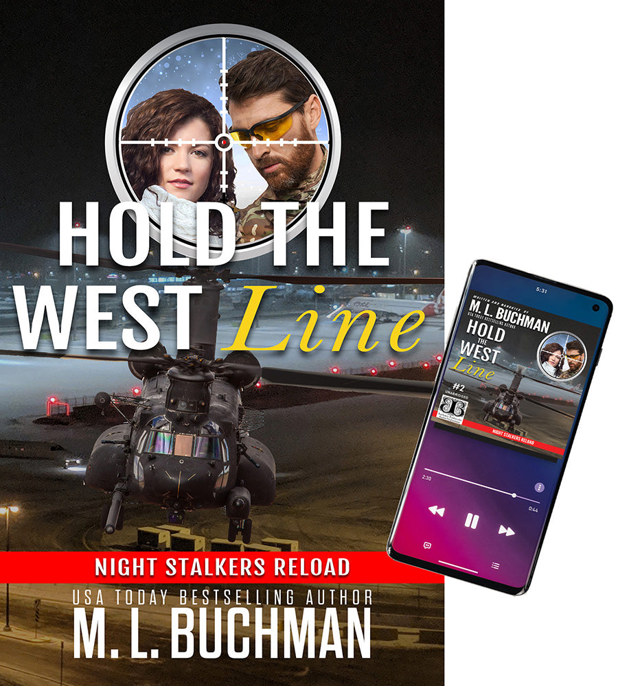 Book cover of 'Hold the West Line' by M.L. Buchman with helicopter and smartphone interface.