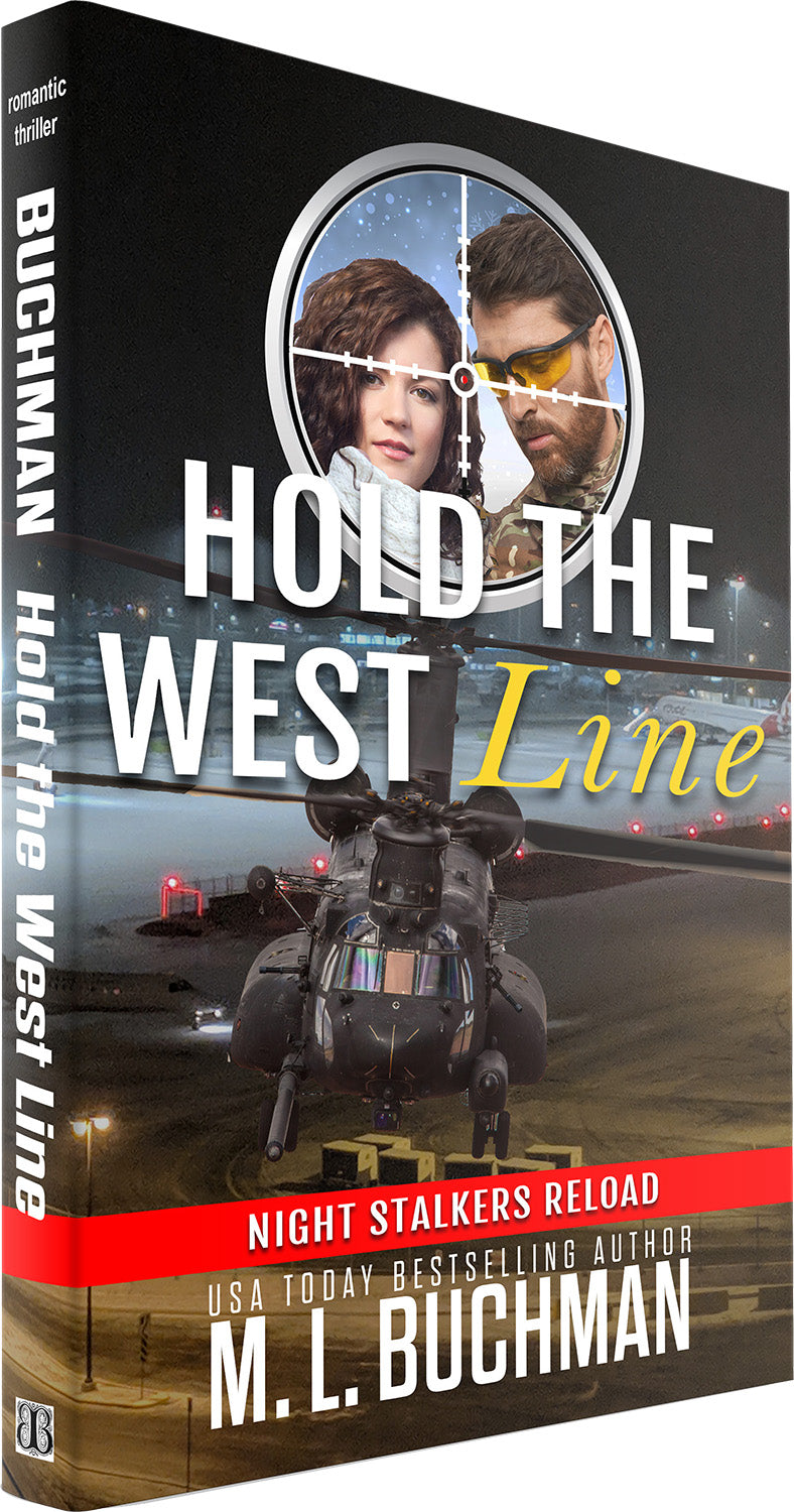 Book cover of 'Hold the West Line' by M.L. Buchman with a military theme.